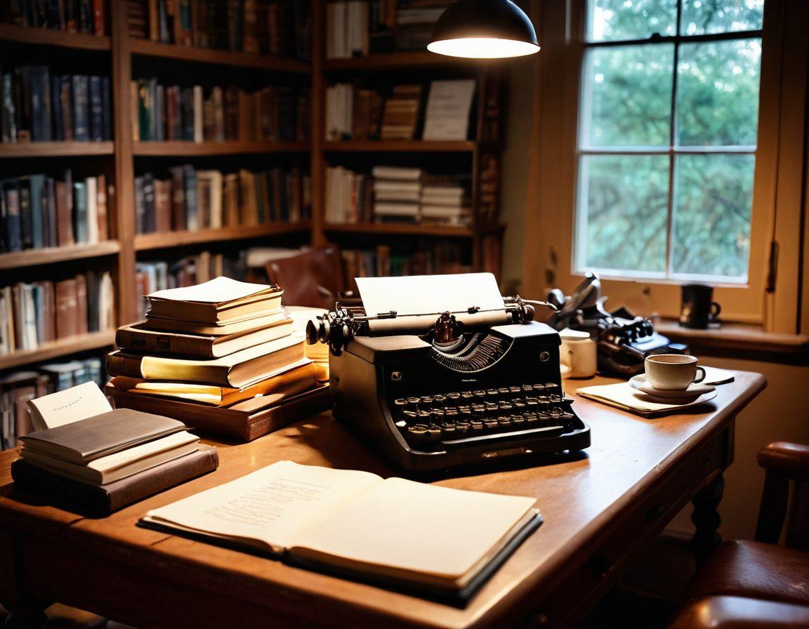 A serene writer's workspace surrounded by books, an open journal filled with handwritten notes, and a vintage typewriter, symbolizing the craft of storytelling. The ambiance is warm, with soft lighting creating an inviting atmosphere. Elements like coffee cups and scattered papers reflect the creative process of exploring mature themes. Super-realistic. Warm colors. Cozy setting.