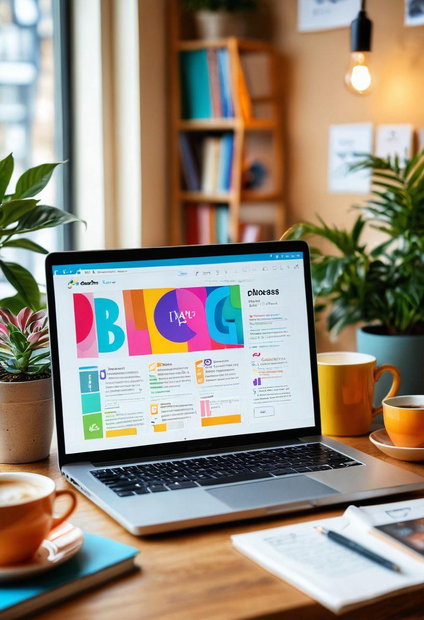 A creative workspace with a laptop displaying a vibrant blog page about adult content. Surrounding elements include colorful books, artistic decorations, and a coffee cup, symbolizing passion and profession. The atmosphere should be inviting and inspiring, with warm lighting giving a sense of success and creativity. Incorporate subtle symbols of growth like small plants or charts. digital art. vibrant colors. soft focus.