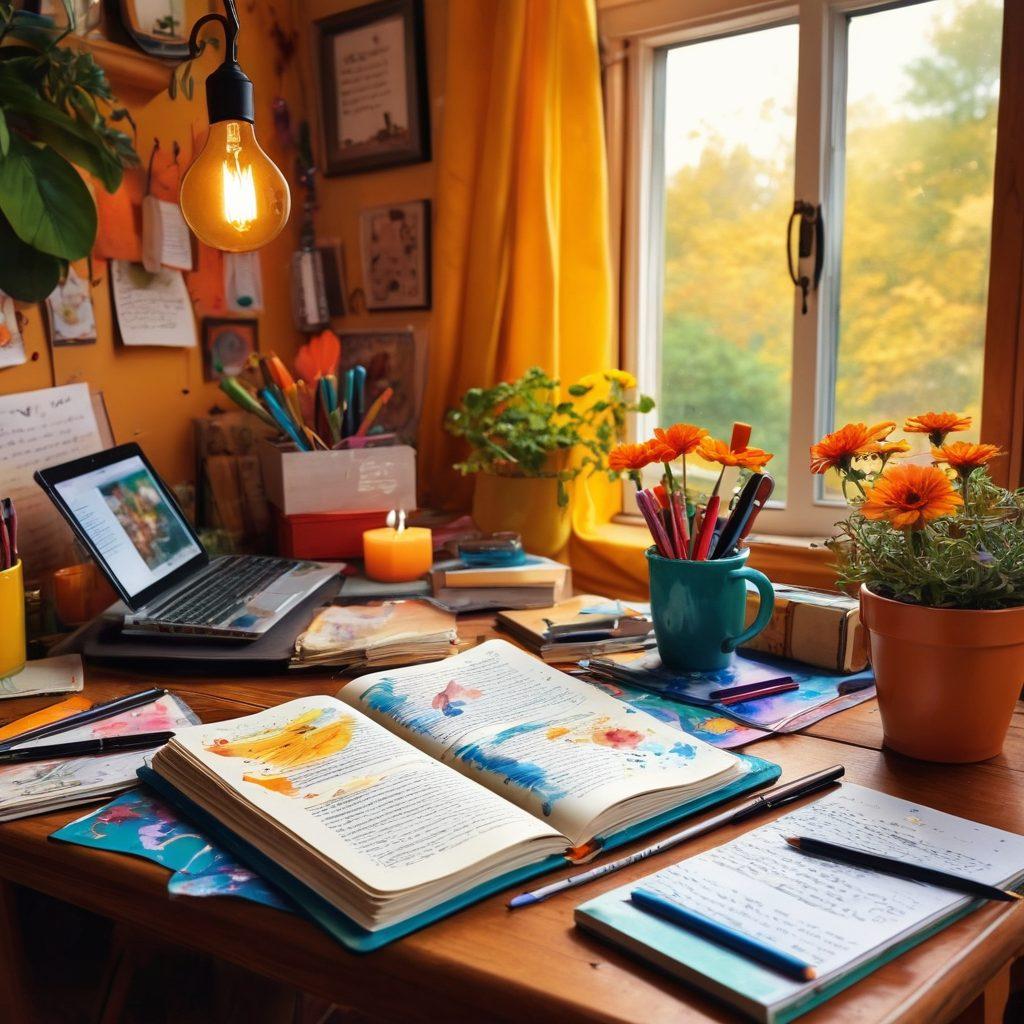 A whimsical, colorful digital diary opens with vibrant pages fluttering, showcasing diverse narratives and engaging stories. Include artistic elements like pens, ink splatters, and whimsical sketches floating around. Illustrate a cozy workspace with a warm light, inviting readers to dive into the world of adult blogging. Emphasize creativity and a sense of exploration. vibrant colors. digital art. cozy atmosphere.